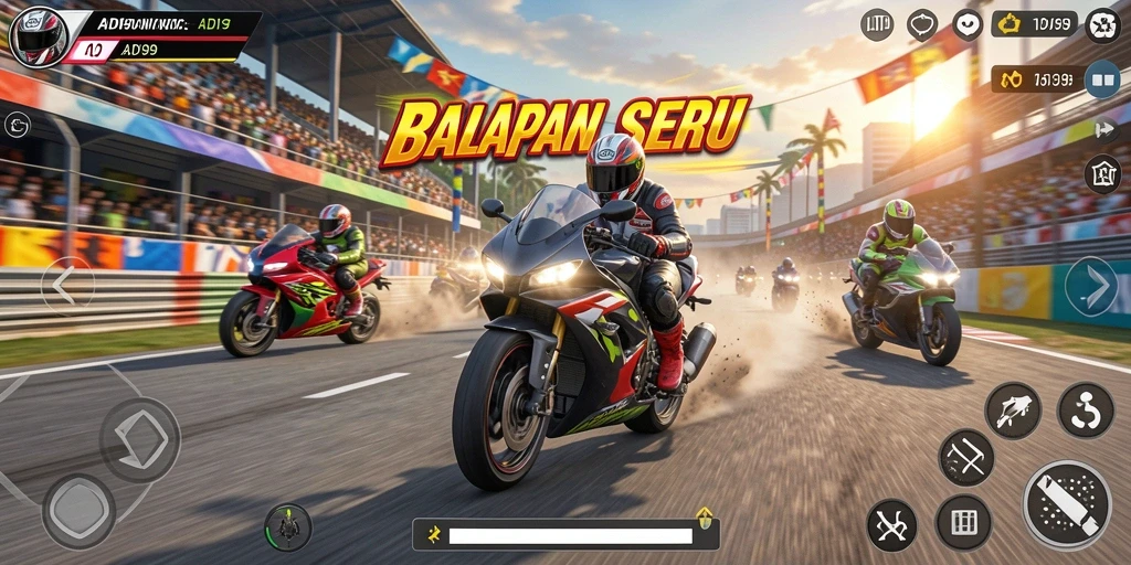 Screenshot gameplay ADI99 yang menunjukkan aksi balapan motor yang mendebarkan.