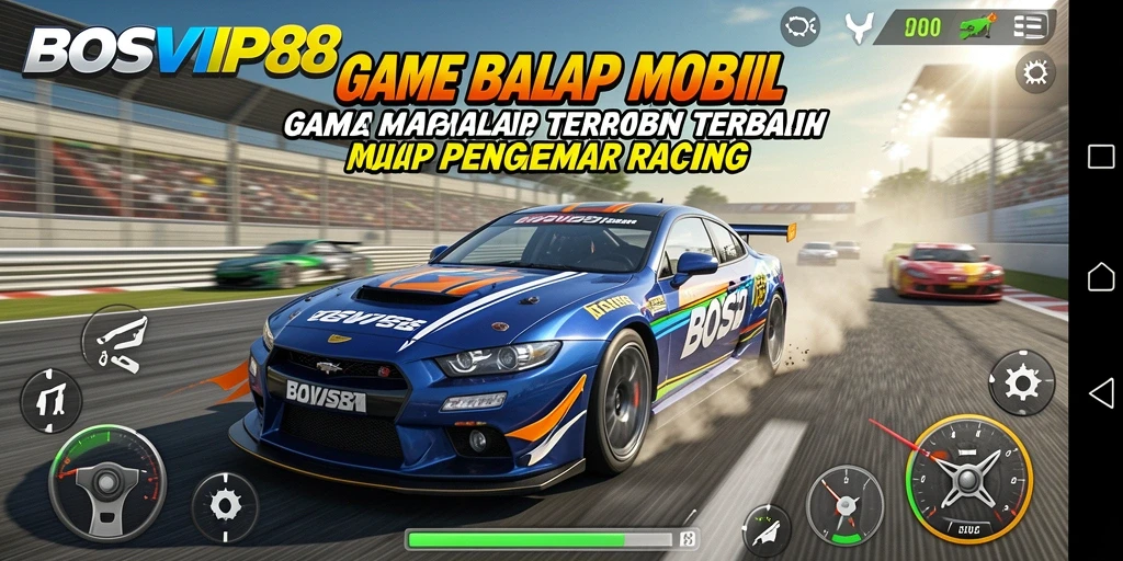 Screenshot gameplay BOSVIP88 menampilkan balapan mobil yang seru dan mendebarkan.