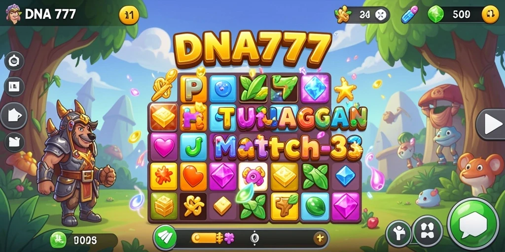 Tangkapan layar dari gameplay seru DNA777 yang menampilkan permainan Match-3.