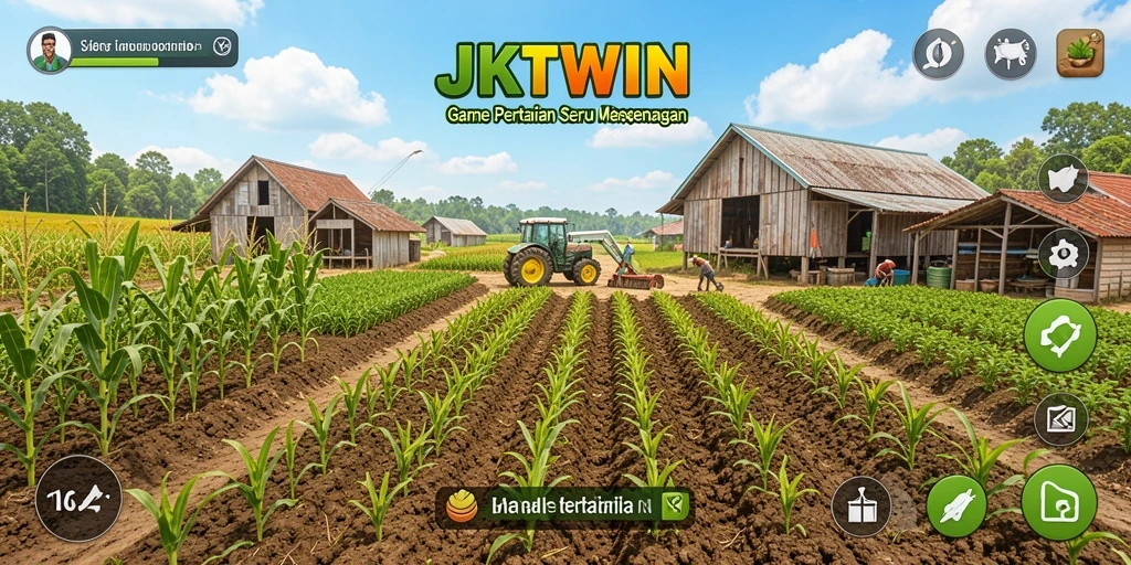 Tampilan gameplay JKTWIN dengan aktivitas bertani dan panen.