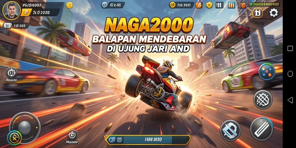 Gameplay seru NAGA2000 dengan mobil balap di lintasan.