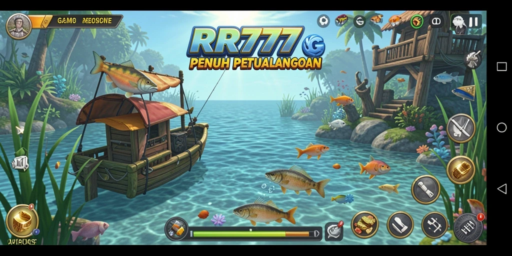 Tampilan gameplay RR777 dengan ikan berwarna-warni dan lokasi memancing yang menarik.