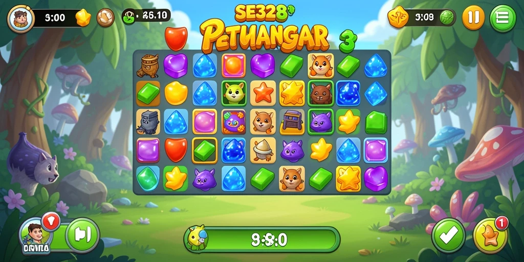 Screenshot SE328 menunjukkan aksi seru gameplay Match-3 yang penuh warna.